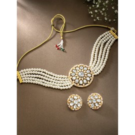 Aheli Kundan Pearl Choker Multi Layered Collar de cuentas Pendientes Set Joyería de boda tradicional india para mujeres niñas (blanco)