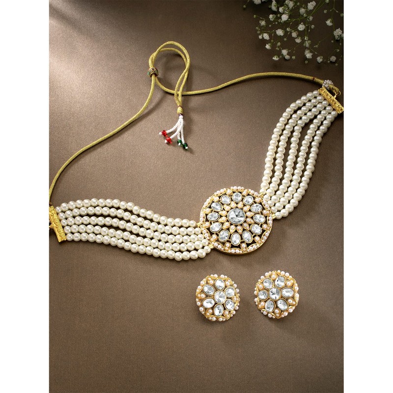 Aheli Kundan Pearl Choker Multi Layered Collar de cuentas Pendientes