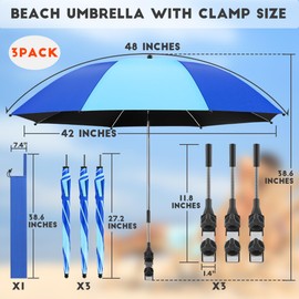 NBtoUS 3 Pack Beach Umbrella, 360 ° Chair umbrella with clamp, UPF50+ Umbrella for Chair, Windproof Sunshade for Beach, Sand, Patio, Yard (Azure Blue/Light Azure Blue, Not Include Chair)