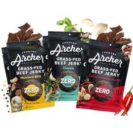 Country Archer Grass-Fed Beef Jerky Variety Pack - Beef Jerky Snack Packs, Beef Jerky Assortment, Jerky Sampler with Classic, Mustard BBQ and Spicy Sesame Garlic - 2 oz (Pack of 6)