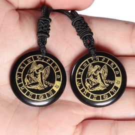 Nupuyai Engraved 12 Constellation Pendant Necklace for Men Women, Round Healing Stone Amulet Obsidian Pendant with Adjustable Rope 46-62cm, Virgo