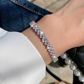 TseenYi Crystal Rhinestone Bracelet Silver CZ Diamond Bracelet Marquise Cubic Zirconia Bracelet Tennis Bracelet Pave Rhinestone Bracelet Sparkly Bridal CZ Bracelet Jewelry for Women and Girls
