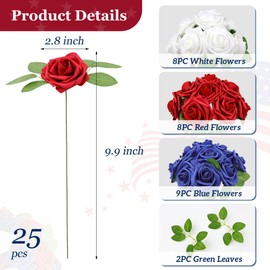 SITUMEIZI 4th of July Flowers Patriotic Flowers 25Pcs Fake Foam Roses for Independence Day Floral Arrangement Table Centerpieces Home Decor (Red, Blue, White)