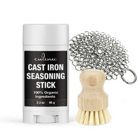 Culina Cast Iron Seasoning Stick & brush & stainless Scrubber | All Natural Ingredients | Best for Cleaning, Non-stick Cooking & Restoring | for Cast Iron Cookware, Skillets