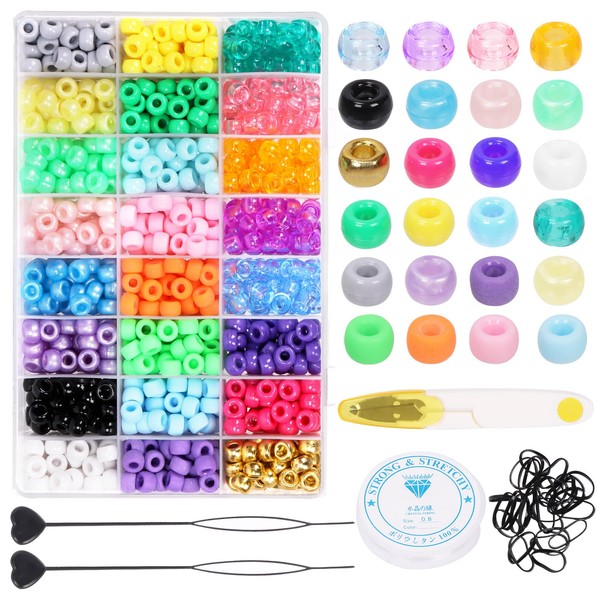 Swpeet 1254Pcs 24 Colors Beads for Hair Braids Kit, Hair Beaders Rubber Bands, Including Candy Pony Beads, Elastic Rubber Bands, Quick Beaders for Kids Hair Braids, Scissors and Bead Thread