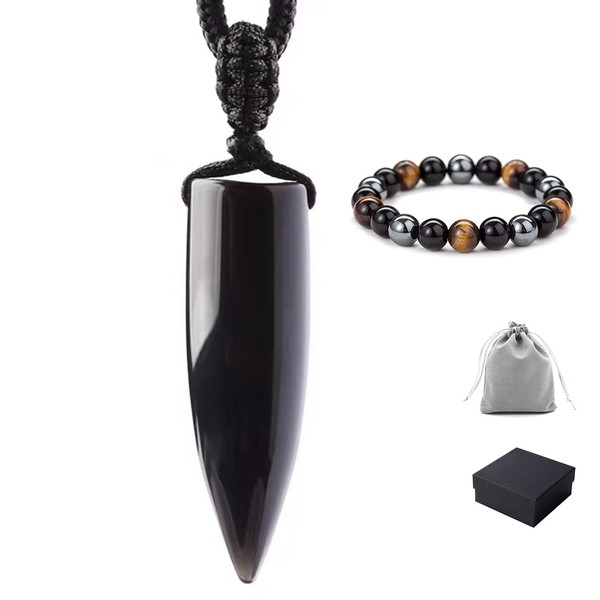 Natural Bullet Shaped Black Obsidian Healing Crystal Pendant Necklace+8mm Triple Protection Hematite Therapy Bracele for Women&man | for Grounding, Shielding, Protection, Cleansing, Balancing Chakra Handmade with Ethically Sourced Raw Natural Pure Gemstones