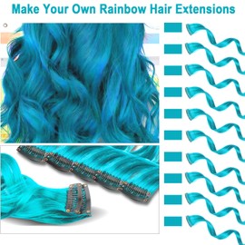 Olldag 10 PCS Teal Blue Hair Extensions, Curly Wavy Synthetic Hairpieces Clip in Rainbow Neon Party Highlights, Colorful Hair Accessories for Kids Girls Women 17 inch (Teal Blue)