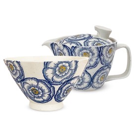 J-kitchens Izan Kiln Rice Bowl Teapot Set, Hasami Ware, Made in Japan (Large Rice Bowl, 4.9 x 3.0 inches (12.6 x 7.5 cm), Teapot, 8.5 fl oz (240 ml), Ochazuke Set, Includes Tea Strainer, Peony Blue