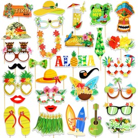 PHOGARY 31PCS Luau Photo Booth Props, Summer Hawaiian Photo Booth Props Kit Aloha Photo Props for Hawaiian Tropical Luau Summer Pool Beach Birthday Party Decorations Supplies