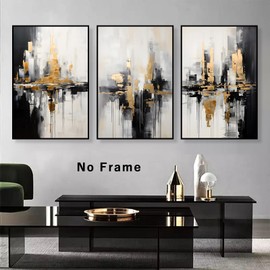 Black and Gold Abstract Canvas Wall Art Gold and Grey Artwork Black Gold White Grey Pictures Wall Art for Living Room Modern Abstract Prints Black White Gold Abstract Picture 16x24inchx3 No Frame