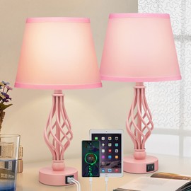 Wiomonrew Touch Table Bedside Lamps Set of 2, Nightstand Bedside Nightstand Lamps with USB Type-C Ports, Girls Desk Lamp for Living Room Bedroom Side Table (Pink)