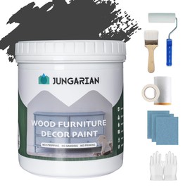 Jungarian Furniture Paint Kit 32oz with Tools - Water-based & Low Odor All-in-One No Sanding - Matte Finish Indoor Outdoor Wood Paint for Cabinets, Doors, Tables and Dressers - Iron Ore
