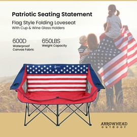ARROWHEAD OUTDOOR 2-Pack Portable Folding Double Duo Camping Chair Loveseat w/ 2 Cup & Wine Glass Holder, Carrying Bag, Supports up to 500lbs