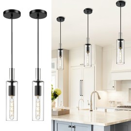AUTELO 2 Pack Pendant Lights Kitchen Island, Modern Black Pendant Lights, Cylinder Glass Pendant Light Fixtures, Kitchen Pendant Lighting Over Island, H3875 BKNR-2PK