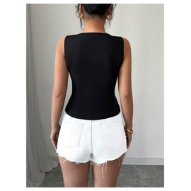 RoseSeek Women's Bowknot Rhinestone Tank Top Ribbed Knit Split Front Fitted Elegant Sleeveless Tops Black Large