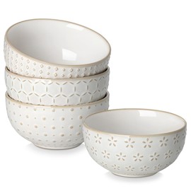 MALACASA Small Bowls, 14 Ounce Ice Cream Bowl, Stoneware Dessert Bowls Set of 4 with Embossment for Snack, Chip, Fruits, Side Dishes - 4.5 Inch, Arctic White Series LYDIA