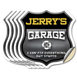 Jerry's Garage I Can Fix Everything But Stupid (5 Pack) 4 inch X 4 inch Shield Shaped Heavy Duty 3.2 mil Vinyl Decals To last, Gift for Dads and Uncles Classic Americana Crafted in the USA