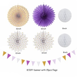 Purple-Lavender White Gold Party Decorations - 20pcs Graduation Birthday Paper Lanterns Fans,Tissue Pom Poms,Honeycomb Balls,Baby Shower Bridal Wedding Bachelorette Valentines Day Decor Burgleda