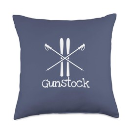 Gunstock Mountain Rustic Ski Poles Skier Sking Down Hill Throw Pillow