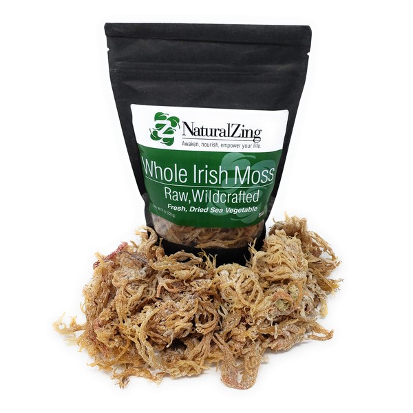 Natural Zing Fresh Whole Irish Moss 8 Ounce Raw Wildcrafted, Vegan, Fresh Dried Sea Vegetable, Gracilaria Sea Moss