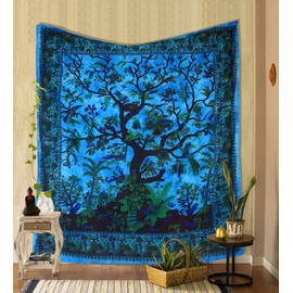 THE ART BOX Tapestry Turquoise Tree of Life Wall Hanging Psychedelic Tapestries Indian Cotton Twin Bedspread Picnic Panel Wall Decor Ceiling Wall Art (Medium, 60 x 54 inches)