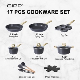 GiPP 22 Piece Ceramic Pots and Pans Set Non Stick - Nonstick Cookware Set, Non-Toxic Healthy Kitchen Cooking Set w/Frying Pans Set, Dishwasher Safe, PTFE/PFOA/PFOS Free
