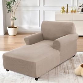 Fitted Chaise Lounge Couch Cover - Stretch Slipcover with Double Arm, Washable Furniture Protector (Khaki, Small Checks)