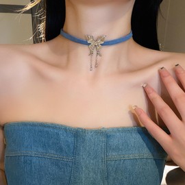 Blue Denim Choker Necklace Collar Pendant for Women,Wrist Band Enamel Butterfly Necklace Choker Chain Women's Accessories Trendy Bride Jewelry Gifts (Blue)