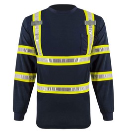 SMASYS Reflective Safety Work Shirts - High Visibility Long Sleeve T Shirts ANSI with Pockets and PVC Reflective Tape for Men,Women (Navy-Yellow,XL)