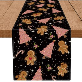 GAGEC Gingerbread Christmas Decorations Black Table Runner Pink Tree Glitter Xmas Winter Candy Cane Holiday Kitchen Dining Merry Christmas Table Decor 13x60 Inch