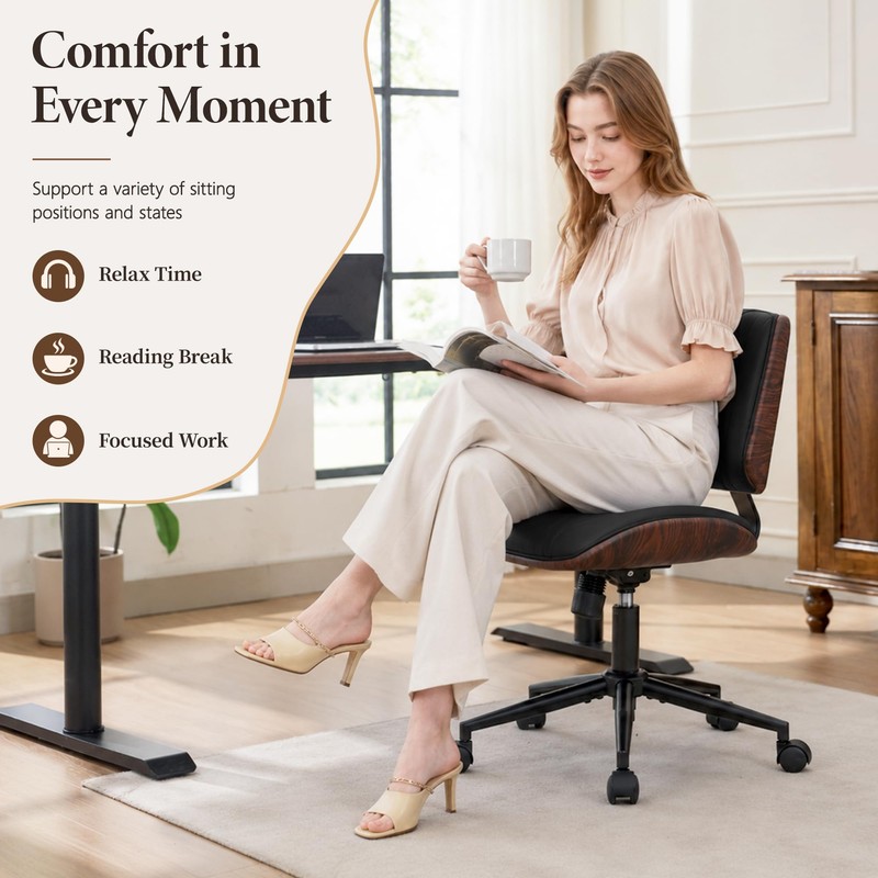 Armless Office Chair, Small Comfy Leather Desk Chair with Wheels