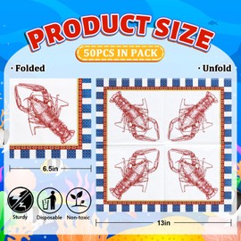 FYSUIMU 50 Pcs Crawfish Paper Napkins Tropical Lobster Disposable Napkins Red Blue Craw Fish Striped Luncheon Dinner Napkin for Summer Beach Holiday Party Table Supplies