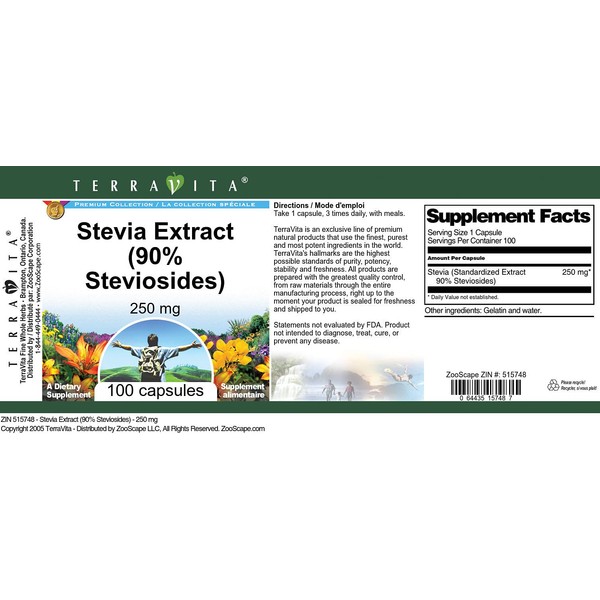 Stevia Extract (90% Steviosides) - 250 mg (100 Capsules, ZIN: 515748)