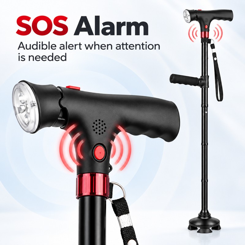 Adjustable Folding Walking Cane for Seniors – LED Light, SOS