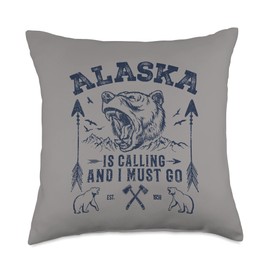 Alaska Retro Bear Souvenirs Vintage Alaskan Bear Alaska is Calling and I Must Go Throw Pillow, 18x18, Multicolor