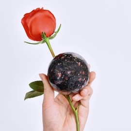 CNYANFEI 70-80mm Plum Blossom Stone Sphere Natural Jasper Crystal Ball with Stand Real Crystal Rock Sphere Gemstone Decorative Ball for Home Decor Crystal Grid Stone Ball Gift