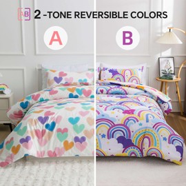 Btargot Lightweight Soft 3 Piece Rainbow Comforter Set with 2 Pillow Covers, Cartoon Love Hearts Flowers and Sun Star Bedding Set for Girls Boys Kids,Queen Light Purple