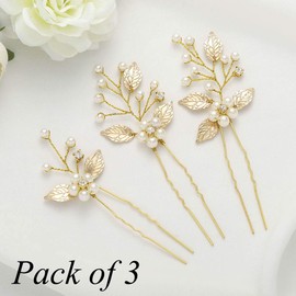 Jeairts Flower Crystal Bride Wedding Hair Pins Pearl Bridal Headpiece Leaves Headwear Hair Piece Decorative Hair Accessories for Women and Girls(Pack of 3) (Gold)