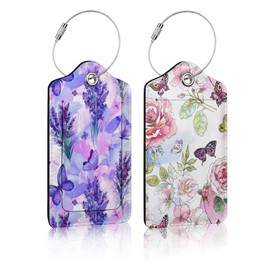 2 Pack Purple Lavender Luggage Tag for Suitcases, Peony Flower Butterfly PU Leather Luggage Tag with Privacy Cover ID Label for Women Men Travel Cruise Baggage Handbag School Bag Backpack
