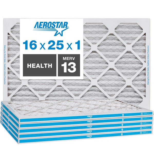 Aerostar 16x25x1 MERV 13 Pleated Air Filter, AC Furnace Air Filter, 6 Pack (Actual Size: 15 3/4" x 24 3/4" x 3/4")