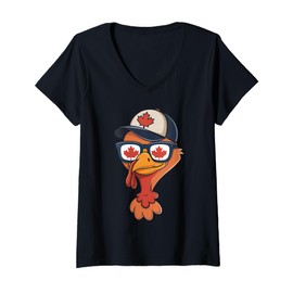 Womens Cool Turkey Canada Flag Sunglasses Canadian Thanksgiving Day V-Neck T-Shirt