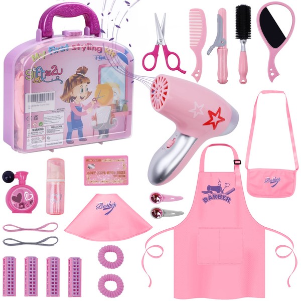 Gifts2U Girls Beauty Salon Set, 23 Pcs Kids Beauty Salon Toy Kit Pretend Hair Styling Set for Girls with Blow Dryer, Barber Costume Apron, Scissors and Stylist Accessories