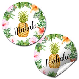 Watercolor Pineapple Mahalo Thank You Sticker Labels, 40 2" Party Circle Stickers by AmandaCreation, Great for Party Favors, Envelope Seals & Goodie Bags