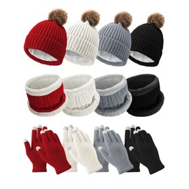 Eurzom 12 Pcs Women Hat Scarf Gloves Set Cold Weather Beanies Cap Satin Inner Lining Fleece Lined Neck Warmer Knit Gloves for Women Girls