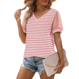 Aokosor Short Sleeve Shirts for Women Trendy Summer V Neck T Shirts Cute Spring Tops Teacher Outfits 2025 Pink Stripe M