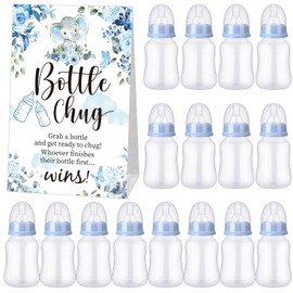 TrelaCo Bottle Chug Baby Shower Game Sign 20 Pcs Baby Bottles Shower Favor Plastic Greenery Flowers Bear Elephant Butterfly Gift Set for Gender Reveal Party(Cute Elephant,Blue)