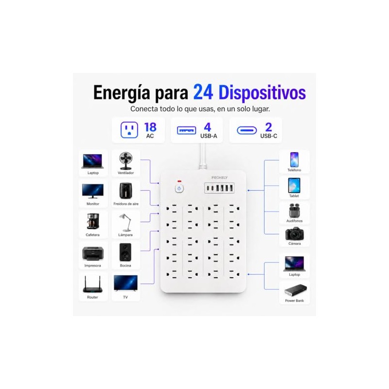 Regleta Multicontacto 26 en 1 con 18 Salidas CA, 4