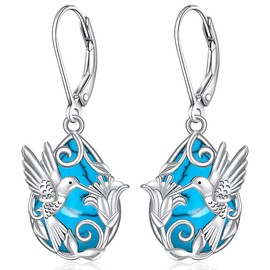 Hummingbird Earrings for Women Sterling Silver Turquoise Hummingbird Dangle Earrings Teardrop Turquoise Bird Jewelry Christmas Gifts