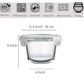 H.JSS WDJS Glass Soup Storage Containers, Round Glass Food Container with Airtight Lids, 4 Pack Meal Prep Bolws Reusable, 18 oz Leak-Proof Storage Containers Set, Microwave, Dishwasher, Frig Safe (4)
