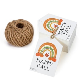 WRAPAHOLIC Fall Gift Tags with String - 100PCS Rainbow Pumpkin Fall Tags with 100 Feet Natural Jute Twine for Autumn, Thanksgiving, Party Favors - 2.3 x 3.5 Inch